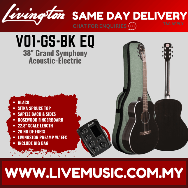 Black acoustic-electric guitar with rosewood fingerboard, black gig bag