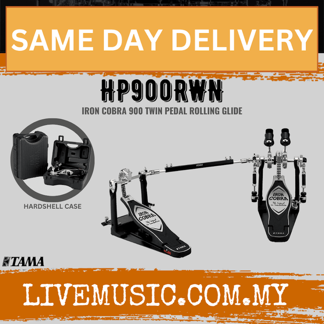 Iron Cobra double drum pedal with hard-shell case, black and red rolling glide