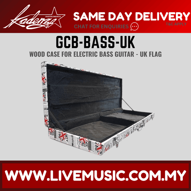 UK-flag electric bass hardcase with black interior, open lid and metal latches