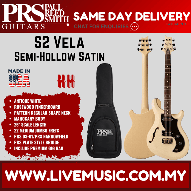 PRS S2 Vela Satin Semi-Hollow Electric Guitar w/Bag,Antique White / Vintage Cherry / McCarty Tobacco Sunburst / Charcoal