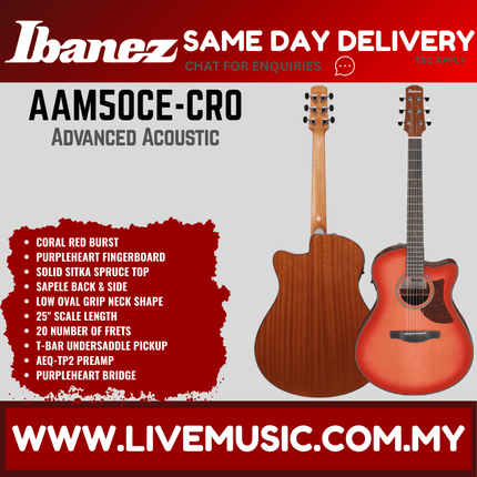 Ibanez AAM50CE-CRO Advanced Acoustic Series Acoustic Electric Guitar, Coral Red Burst Open Pore ( AAM50CE CRO / AAM50CECRO )