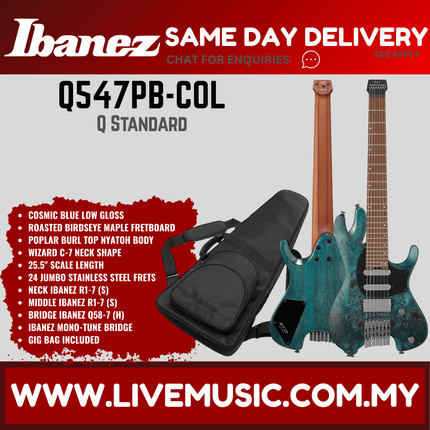 Ibanez Q547PB-COL Q Series Headless 7-String Electric Guitar, Cosmic Blue Low Gloss ( Q547PBCOL / Q547PB COL  )