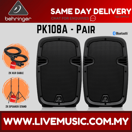 Behringer PK108A  Active 250W 8" PA Speaker System with Bluetooth w/UG-88HH Wireless Mic, Speaker Stand and Cable - Pair ( PK-108A / PK 108A )