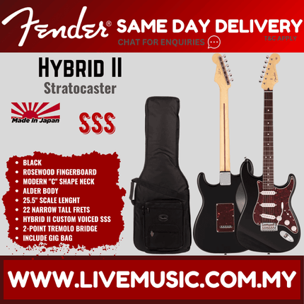Fender Japan Hybrid II Stratocaster Electric Guitar, Rosewood Fretboard with Gig Bag - Black