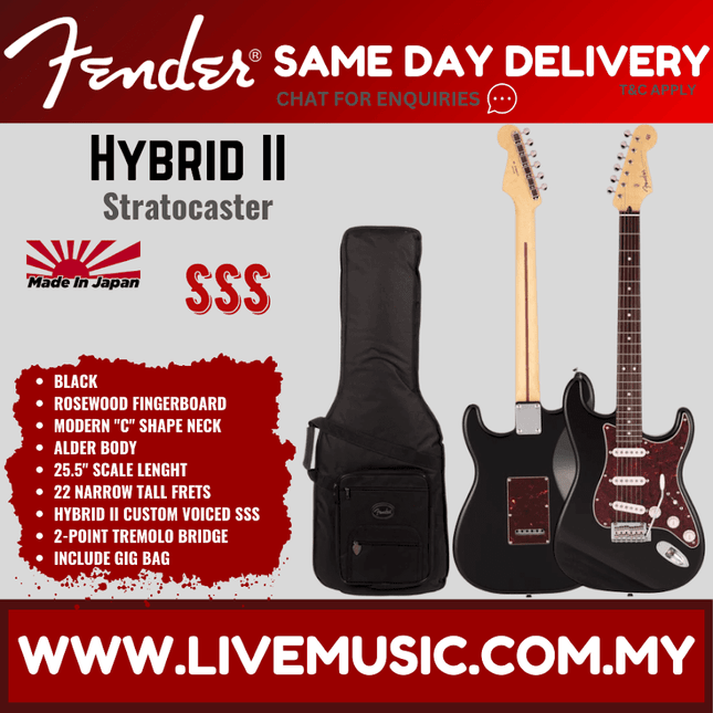 Fender Japan Hybrid II Stratocaster Electric Guitar, Rosewood Fretboard with Gig Bag - Black