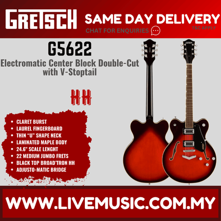 Gretsch G5622 Electromatic Center Block Double-Cut Electric Guitar w/V-Stoptail, Claret Burst