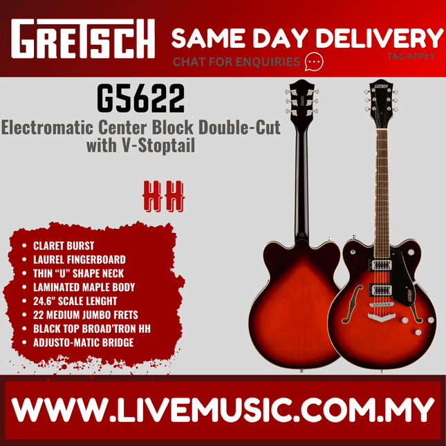 Gretsch G5622 Electromatic Center Block Double-Cut Electric Guitar w/V-Stoptail, Claret Burst