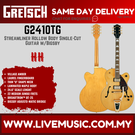 Gretsch G2410TG Streamliner Hollow Body Single-Cut Electric Guitar, Laurel FB, Village Amber
