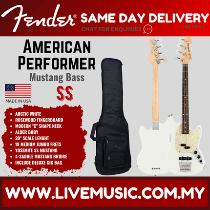 Fender American Performer Mustang Bass Guitar, Rosewood Fretboard with Bag - Arctic White