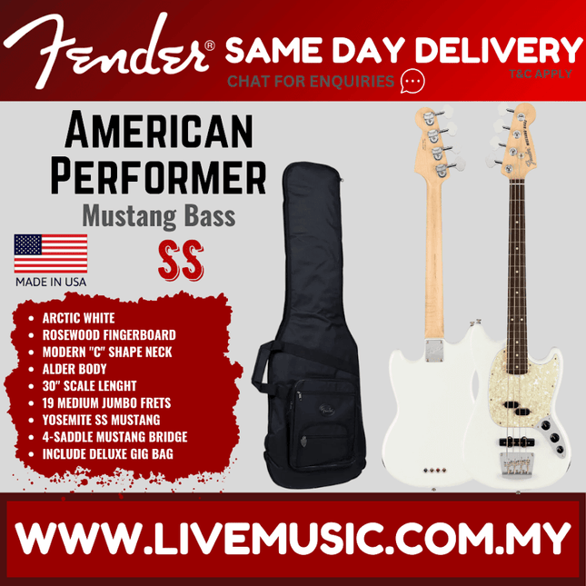Arctic White Mustang bass guitar with rosewood fretboard and black deluxe gig bag