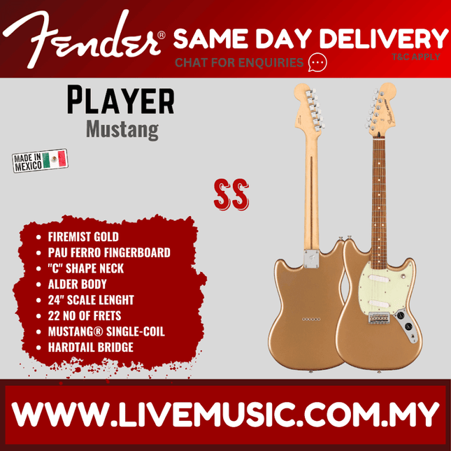 Fender Player Mustang Electric Guitar, Pau Ferro Fretboard -  Firemist Gold