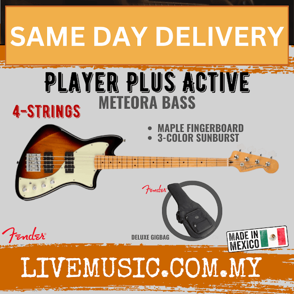 Fender Player Plus Active Meteora bass guitar in 3-color sunburst with maple fingerboard