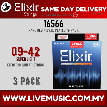 Elixir 16566 Nanoweb Electric Guitar Strings, Super Light, 9-42, 3-Pack (09-42)