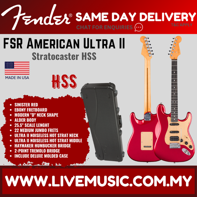 Fender FSR American Ultra II Stratocaster HSS Electric Guitar, Ebony FB, Sinister Red
