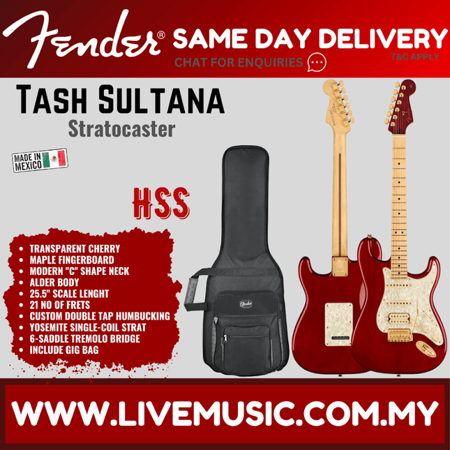 Fender Tash Sultana Stratocaster Electric Guitar, Maple FB, Transparent Cherry