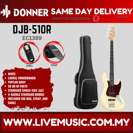 Donner DJB-510R Electric Bass Guitar W/bag, Strap and Cable, Vintage White ( DJB 510R / DJB510R )