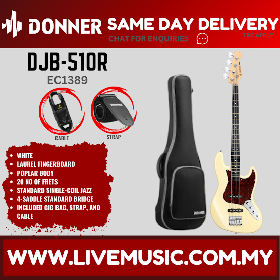 Donner DJB-510R Electric Bass Guitar W/bag, Strap and Cable, Vintage White ( DJB 510R / DJB510R )