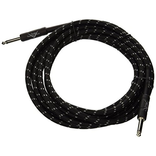 Coiled black instrument cable with white speckle, 1/4-inch guitar plugs on ends