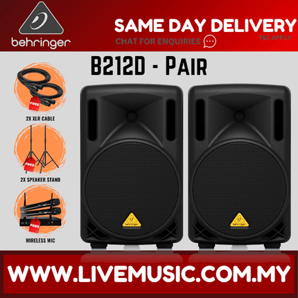 Behringer Eurolive B212D 550W 12" Powered Speaker w/Wireless Mic, Speaker Stand and Cable - Pair ( B-212D / B 212D )