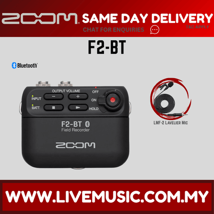 Zoom F2-BT Field Recorder With Lavalier Microphone And Bluetooth Control With LMF-2 Lavalier Mic - Black (F2 BT/F2BT)