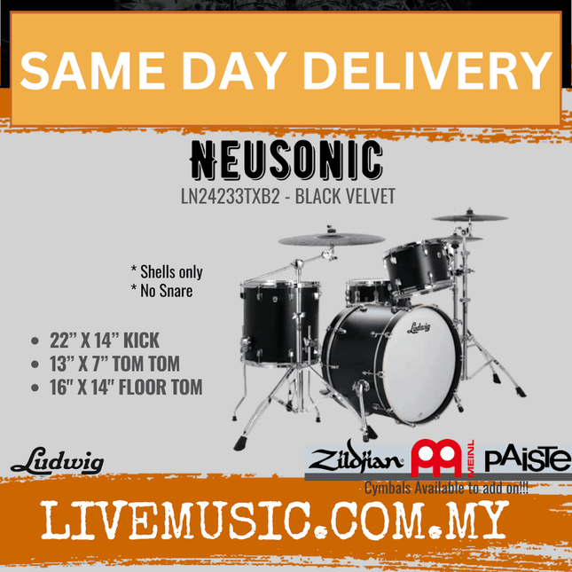 Ludwig LN24233TXB2 Neusonic 3-Piece Shell Pack (22B+13T+16F), Black Velvet