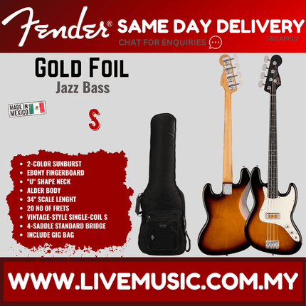 Fender Gold Foil Jazz Bass 4-String Bass Guitar, Ebony FB, 2-Color Sunburst