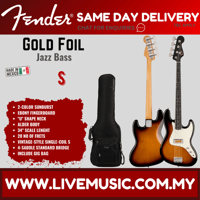 Fender gold foil Jazz Bass guitar with 2-color sunburst body and black pickguard