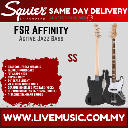 Squier FSR Affinity Series Active Jazz Bass Guitar, Laurel FB, Charcoal Frost Metallic