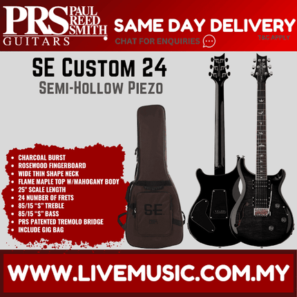 PRS SE Custom 24 Semi-Hollow Piezo w/GigBag, Rosewood FB, Charcoal Burst