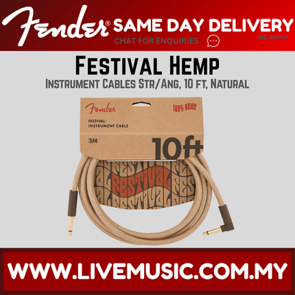 Fender Festival Hemp Angled Instrument Cable, 10ft, Pure Hem.p, Natural
