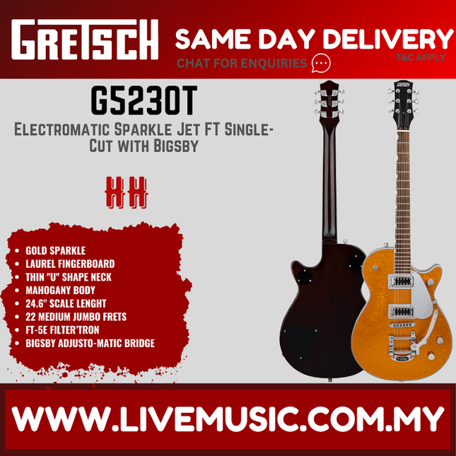 Gretsch G5230T Electromatic Sparkle Jet FT Single-Cut Guitar w/Bigsby, Laurel FB, Gold Sparkle