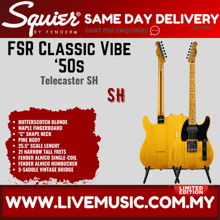 Squier FSR Classic Vibe 50s Telecaster Electric Guitar, Maple FB, Butterscotch Blonde