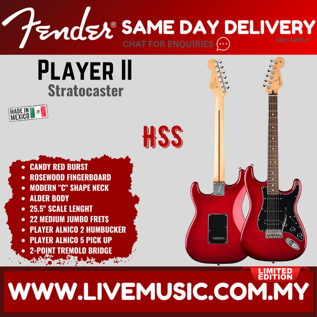 Candy Red Burst Fender Player II Stratocaster HSS electric guitar, rosewood fretboard