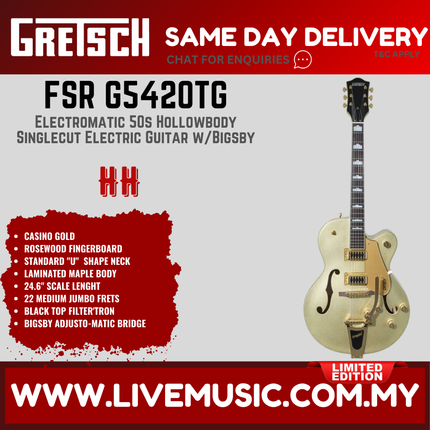 Casino gold hollowbody singlecut electric guitar with Bigsby and dual pickups