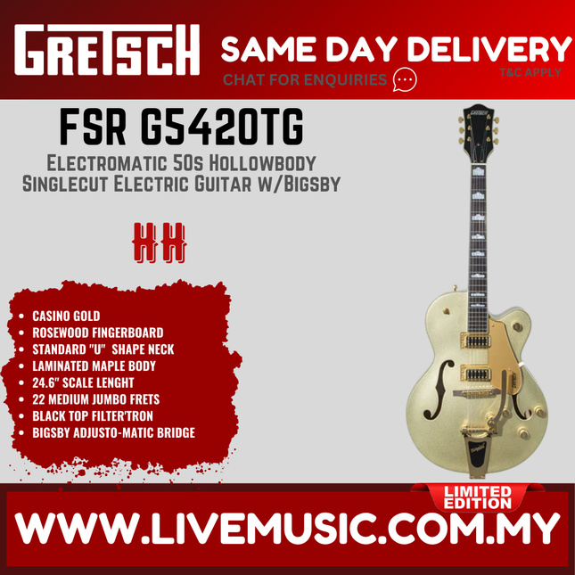 Gretsch FSR G5420TG Electromatic 50s Hollowbody Singlecut Electric Guitar w/Bigsby, Casino Gold