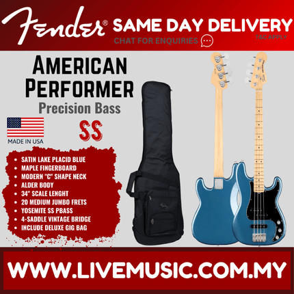 Fender American Performer Precision Bass Guitar, Maple Fretboard with Bag - Satin Lake Placid Blue