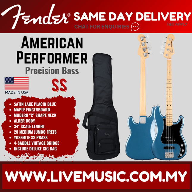 Precision bass guitar with satin blue finish and black gig bag, maple neck