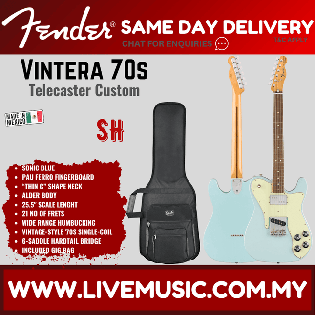 Fender Vintera 70s Telecaster Custom Electric Guitar, Pau Ferro Fretboard with Gig Bag - Sonic Blue