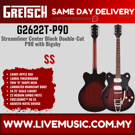 Gretsch G2622T-P90 Streamliner Center Block Double-Cut Electric Guitar, Laurel FB, Forge Glow