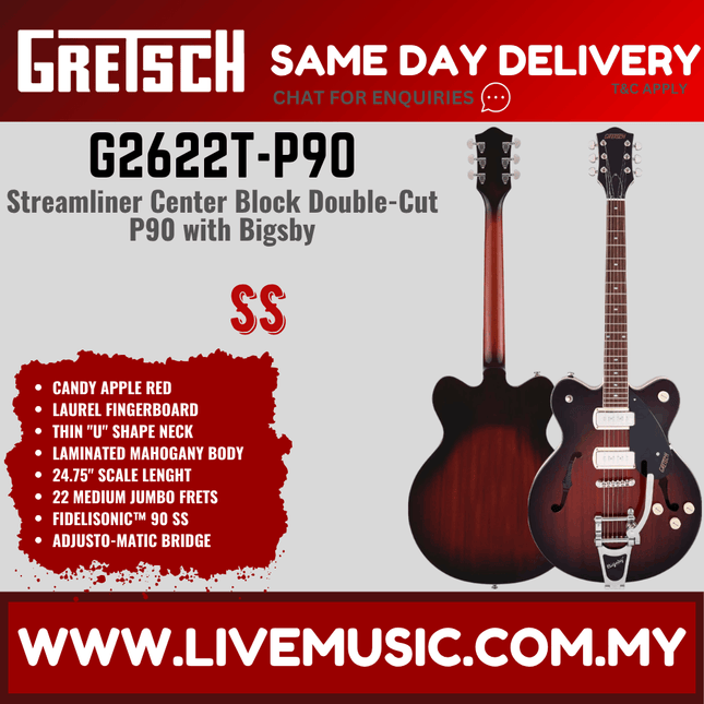 Gretsch G2622T-P90 Streamliner Center Block Double-Cut Electric Guitar, Laurel FB, Forge Glow