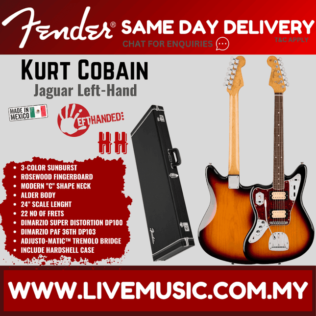 Fender Kurt Cobain Jaguar NOS Left-Handed Electric Guitar, Rosewood Fretboard with Hardshell Case - 3-Tone Sunburst