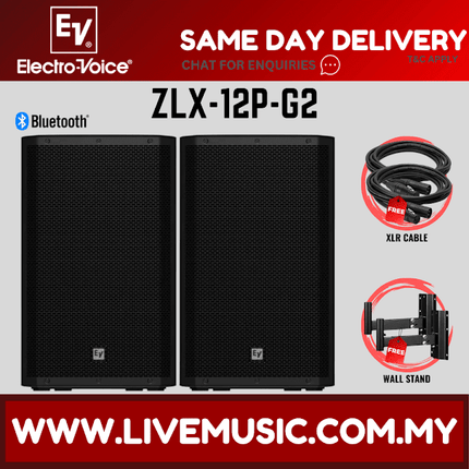 EV Electro-Voice ZLX-12P G2 1000W 12" Speaker Bluetooth w/Speaker Stand And Cable- Pair (ZLX12P ZLX 12P)