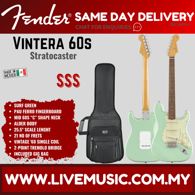 Fender Vintera 60s Stratocaster Electric Guitar, Pau Ferro Fretboard with Bag - Surf Green