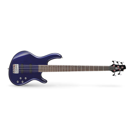 Blue metallic 5-string bass guitar with jatoba fretboard, full side profile