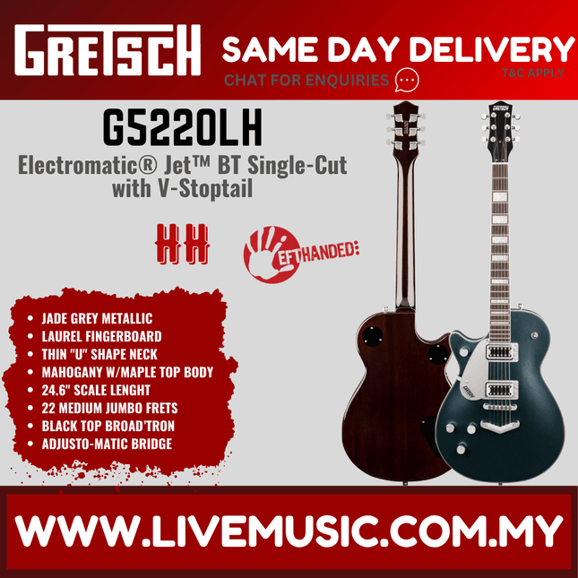 Gretsch G5220LH Electromatic Jet BT Single-Cut V-Stoptail Left-Handed Guitar, Jade Gray Metallic