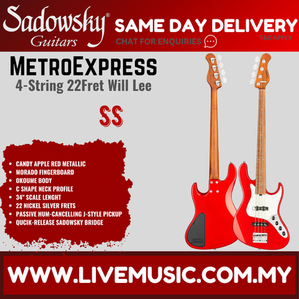 Sadowsky MetroExpress 22Fret Will Lee Artist Line 4-String Bass, Morado FB, Candy Apple Red Metallic