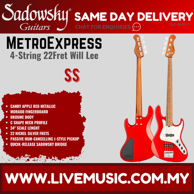 Sadowsky MetroExpress 22Fret Will Lee Artist Line 4-String Bass, Morado FB, Candy Apple Red Metallic