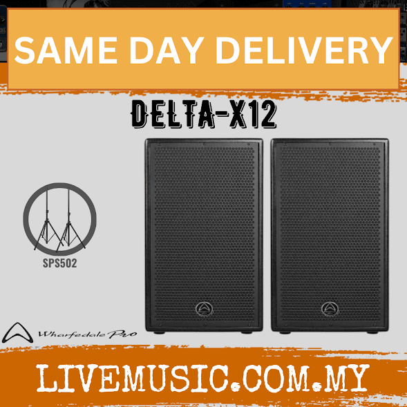Pair of Delta-X12 passive loudspeakers, front mesh grilles, two-speaker view