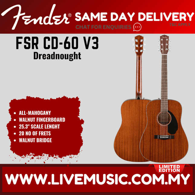Fender all-mahogany dreadnought acoustic guitar, natural wood finish