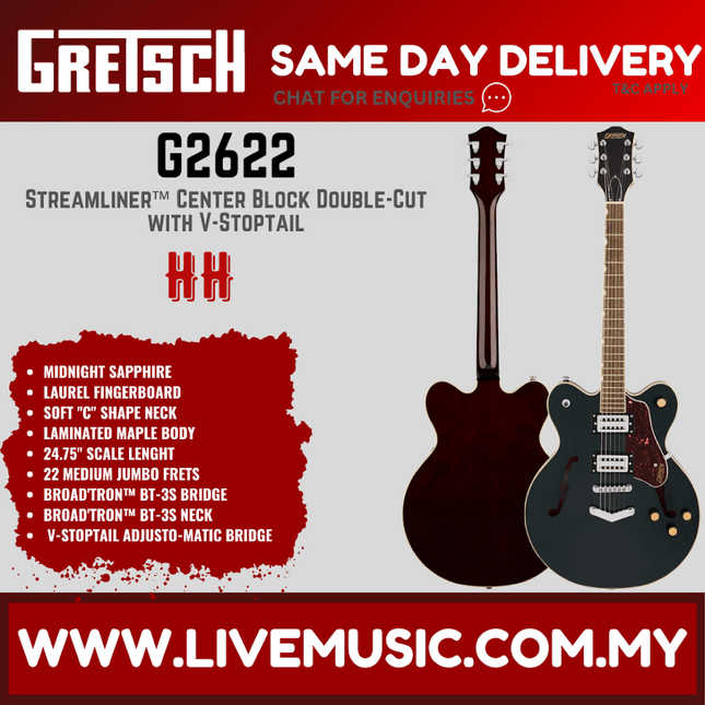Gretsch G2622 Streamliner Center Block Double-Cut Electric Guitar, Midnight Sapphire